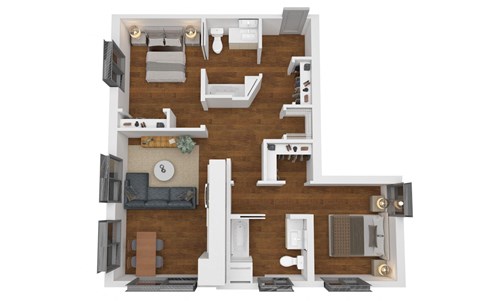 a stylized floor plan with a bedroom and living room